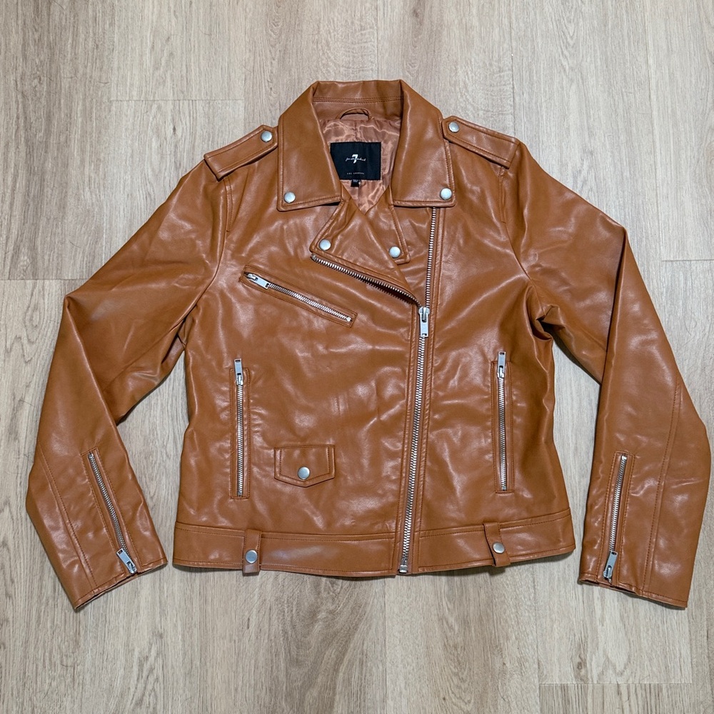 7 For All Mankind Tan Faux Leather Moto Jacket size M - Picture 6 of 6